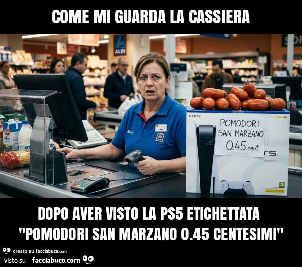 Come mi guarda la cassiera dopo aver visto la ps5 etichettata "pomodori san marzano 0.45 centesimi"