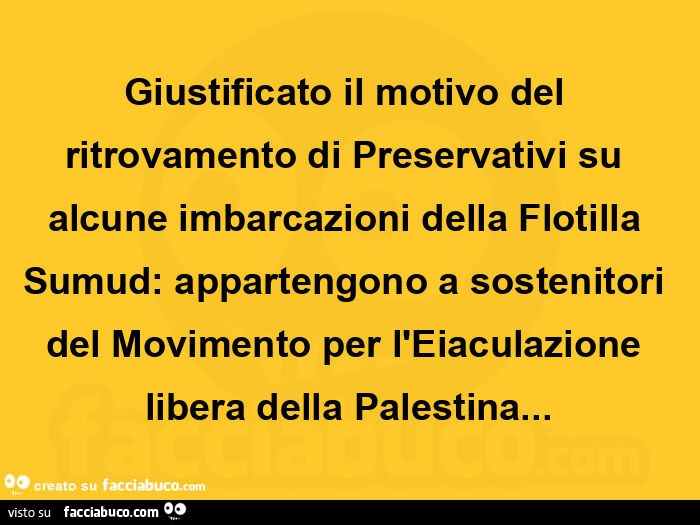 Giustificato il motivo del ritrovamento di preservativi su alcune imbarcazioni della flotilla sumud: appartengono a sostenitori del movimento per l'eiaculazione libera della palestina
