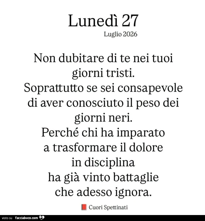 Non dubitare di te nei tuoi giorni tristi. Soprattutto se sei consapevole di aver conosciuto il peso dei giorni neri. Perché chi ha imparato a trasformare il dolore in disciplina ha già vinto battaglie che adesso ignora