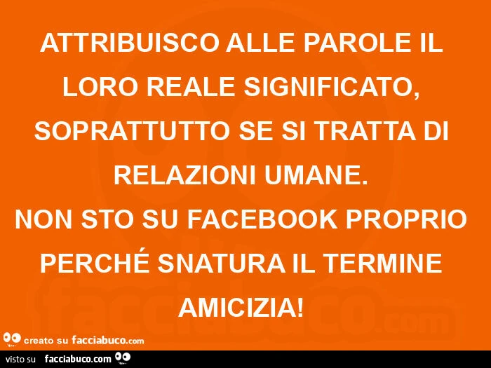 Attribuisco alle parole il loro reale significato, soprattutto se si tratta di relazioni umane. Non sto su facebook proprio perché snatura il termine amicizia