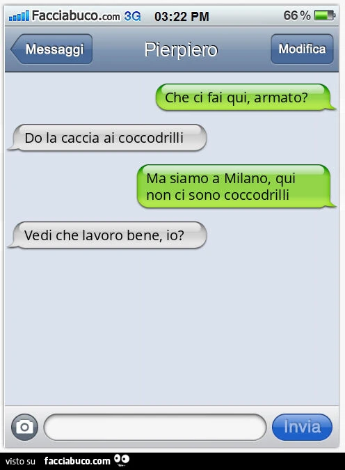 Che ci fai qui, armato? Do la caccia ai coccodrilli. Ma siamo a Milano, qui non ci sono coccodrilli. Vedi che lavoro bene, io?