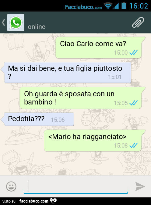 Ciao Carlo come va? Ma si dai bene, e tua figlia piuttosto? Oh guarda è sposata con un bambino! Pedofila? <Mario ha riagganciato>