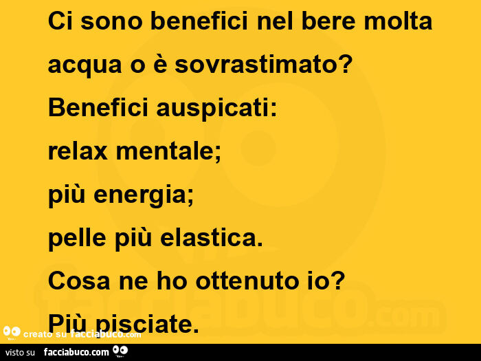 Ci sono benefici nel bere molta acqua o è sovrastimato? Benefici auspicati: relax mentale; più energia; pelle più elastica. Cosa ne ho ottenuto io? Più pisciate