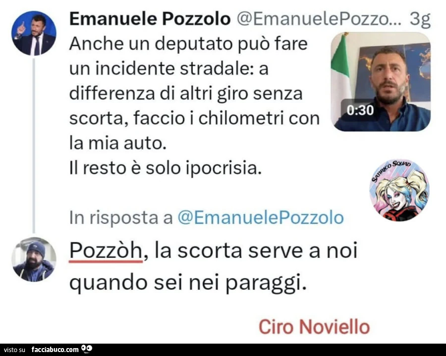 Emanuele Pozzolo: anche un deputato può fare un incidente stradale: a differenza di altri giro senza scorta, faccio i chilometri con la mia auto. Pozzòh, la scorta serve a noi quando sei nei paraggi