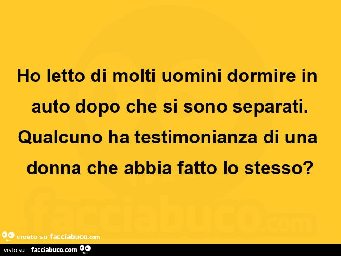 Ho letto di molti uomini dormire in auto dopo che si sono separati. Qualcuno ha testimonianza di una donna che abbia fatto lo stesso?