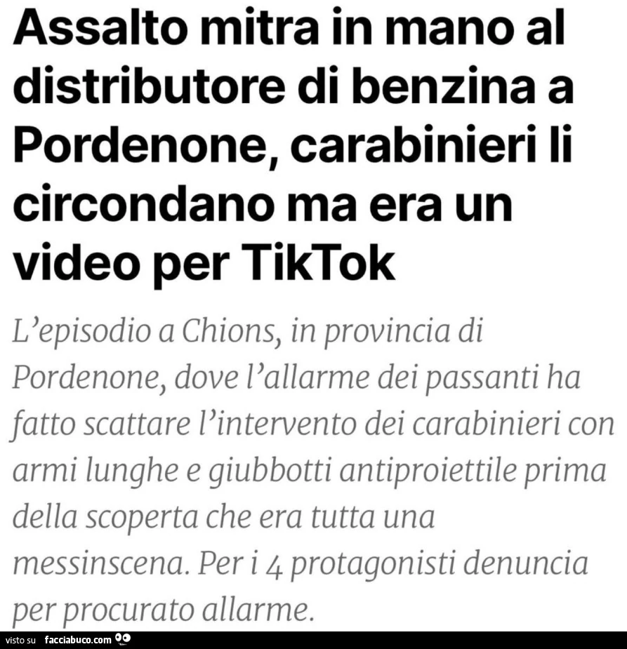 Assalto mitra in mano al distributore di benzina a pordenone, carabinieri li circondano ma era un video per tiktok