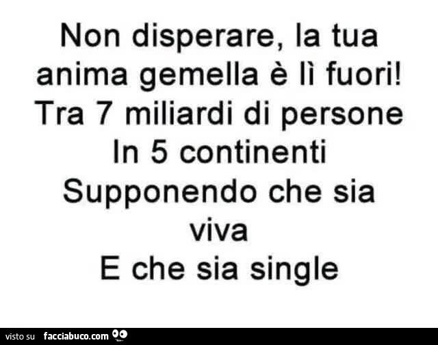 Non disperare, la tua anima gemella è lì fuori! Tra 7 miliardi di persone in 5 continenti supponendo che sia viva e che sia single