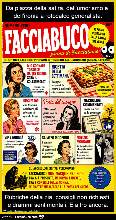 Facciabuco prima di Facciabuco. Da piazza della satira, dell'umorismo e dell'ironia a rotocalco generalista. Rubriche della zia, consigli non richiesti e drammi sentimentali. E altro ancora