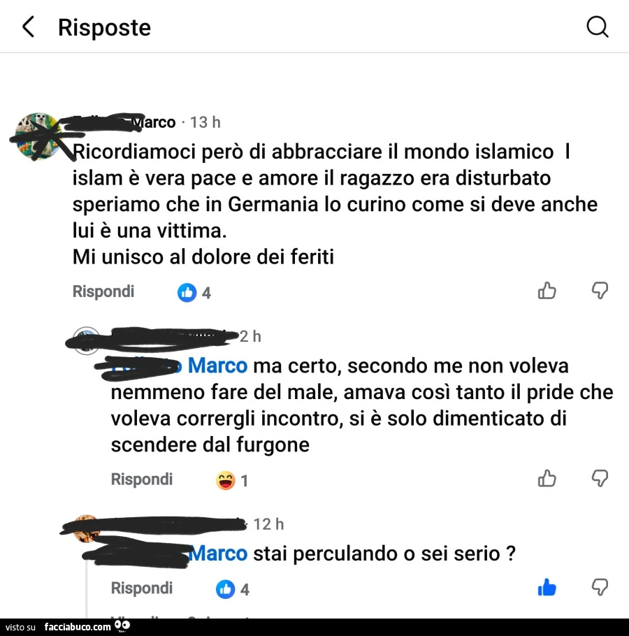 Ricordiamoci però di abbracciare il mondo islamico l islam è vera pace e amore il ragazzo era disturbato speriamo che in germania lo curino come si deve anche lui è una vittima