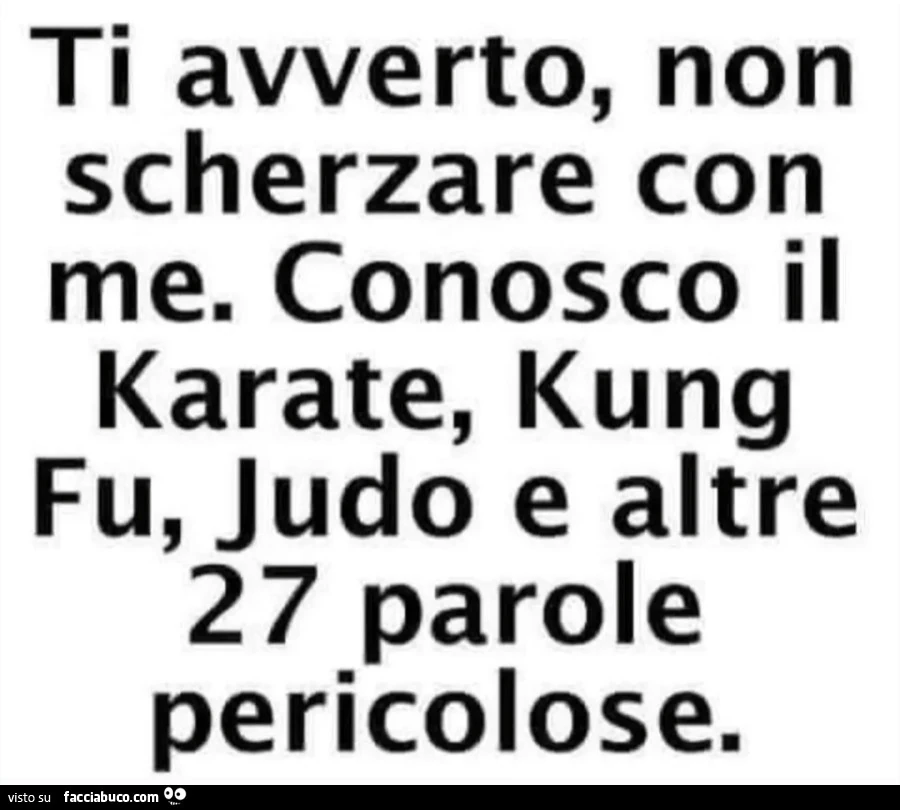 Ti avverto, non scherzare con me. Conosco il Karate, Kung Fu, Judo e altre 27 parole pericolose