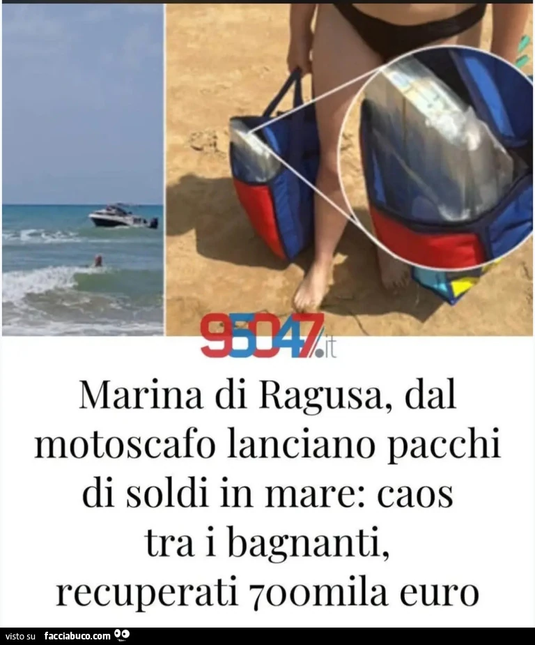 Marina di Ragusa dal motoscafo lanciano pacchi di soldi in mare: caos tra i bagnanti recuperati 700 mila euro