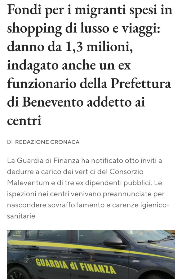 Fondi per i migranti spesi in shopping di lusso e viaggi: danno da 1,3 milioni, indagato anche un ex funzionario della prefettura di benevento addetto ai centri
