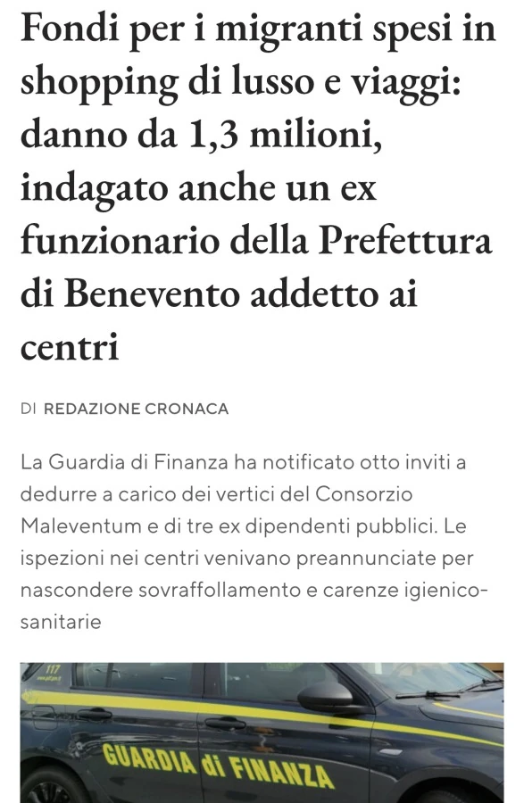 Fondi per i migranti spesi in shopping di lusso e viaggi: danno da 1,3 milioni, indagato anche un ex funzionario della prefettura di benevento addetto ai centri