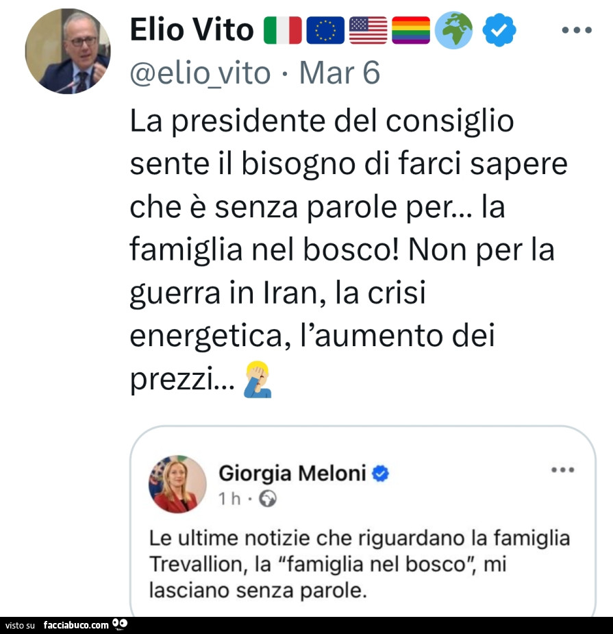 La presidente del consiglio sente il bisogno di farci sapere che è senza parole per&hellip; la famiglia nel bosco! Non per la guerra in iran, la crisi energetica, l'aumento dei prezzi
