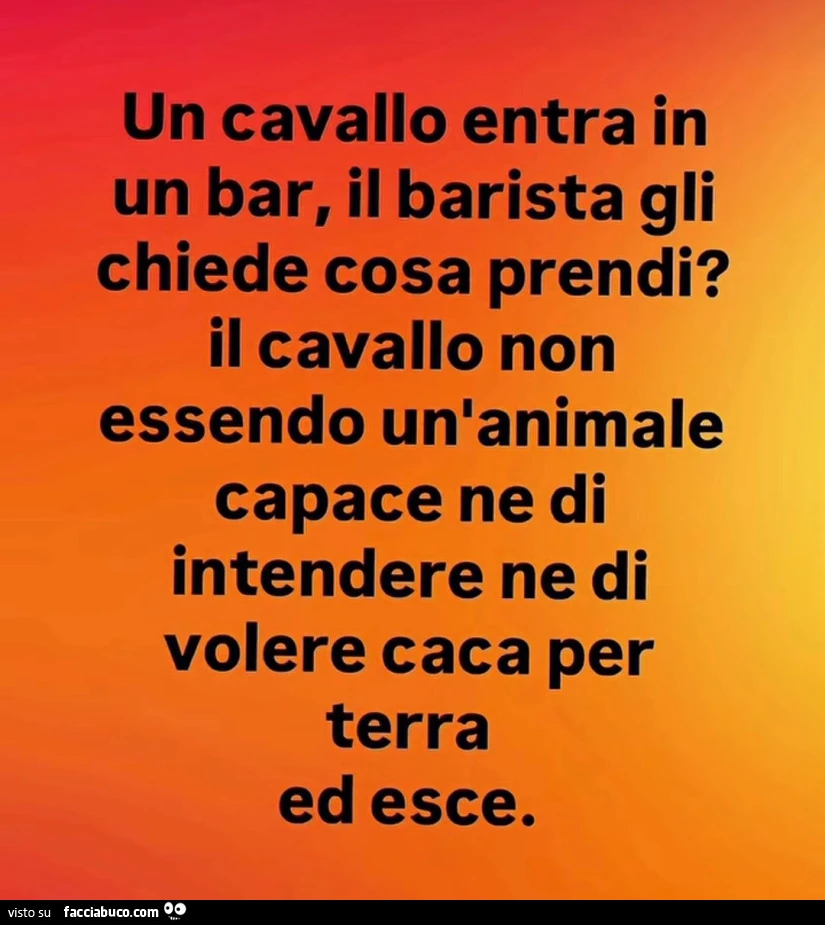 Un cavallo entra in un bar, il barista gli chiede cosa prendi? Il cavallo non essendo un'animale capace ne di intendere ne di volere caca per terra ed esce