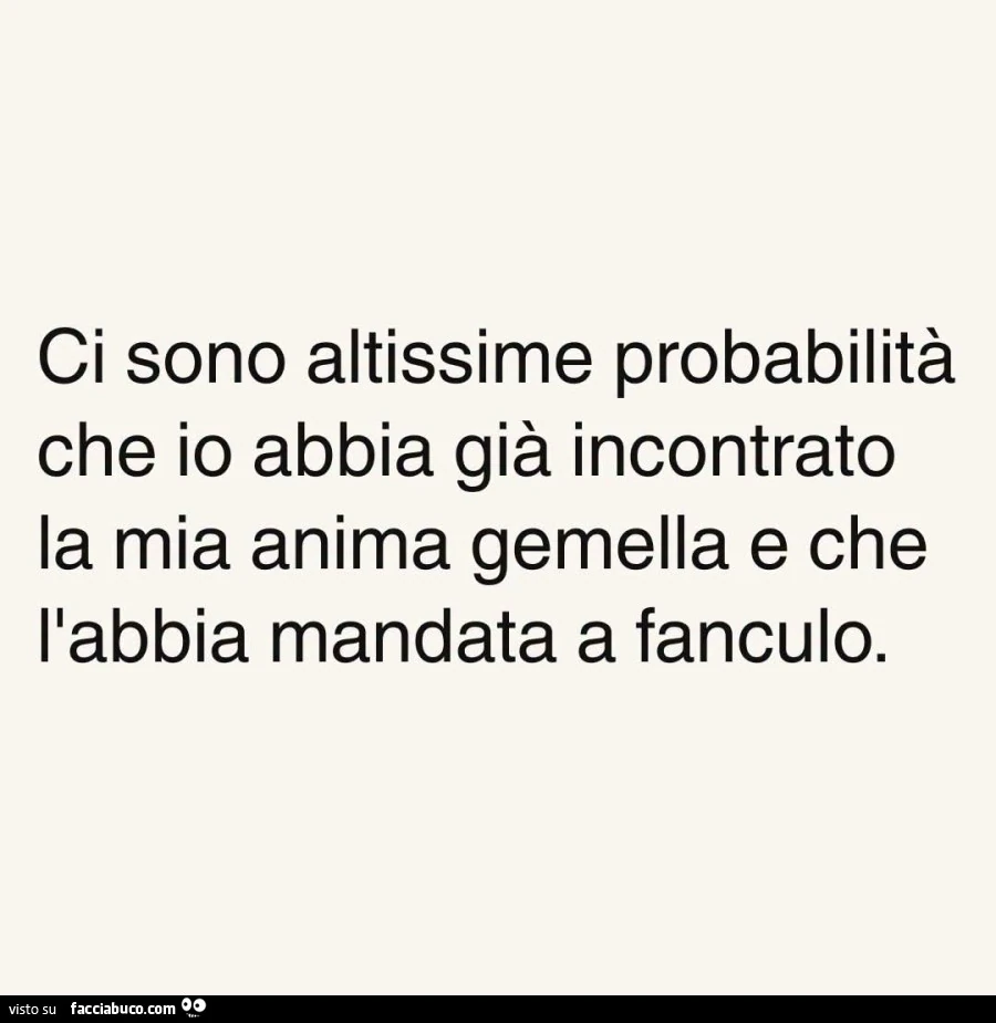Ci sono altissime probabilità che io abbia già incontrato la mia anima gemella e che l'abbia mandata a fanculo