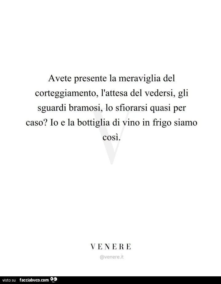 Avete presente la meraviglia del corteggiamento, l'attesa del vedersi, gli sguardi bramosi, lo sfiorarsi quasi per caso? Io e la bottiglia di vino in frigo siamo cosรฌ