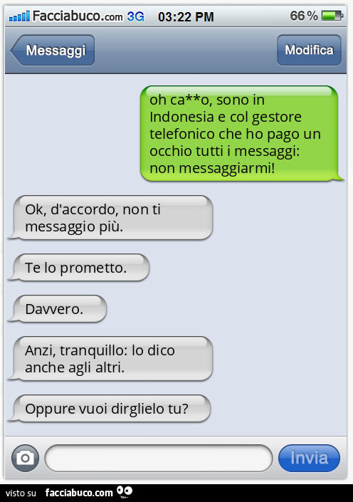 Oh ca**o, sono in Indonesia e col gestore telefonico che ho pago un occhio tutti i messaggi: non messaggiarmi! Ok, d'accordo, non ti messaggio più. Te lo prometto. Davvero. Anzi, tranquillo: lo dico anche agli altri. Oppure vuoi dirglielo tu?