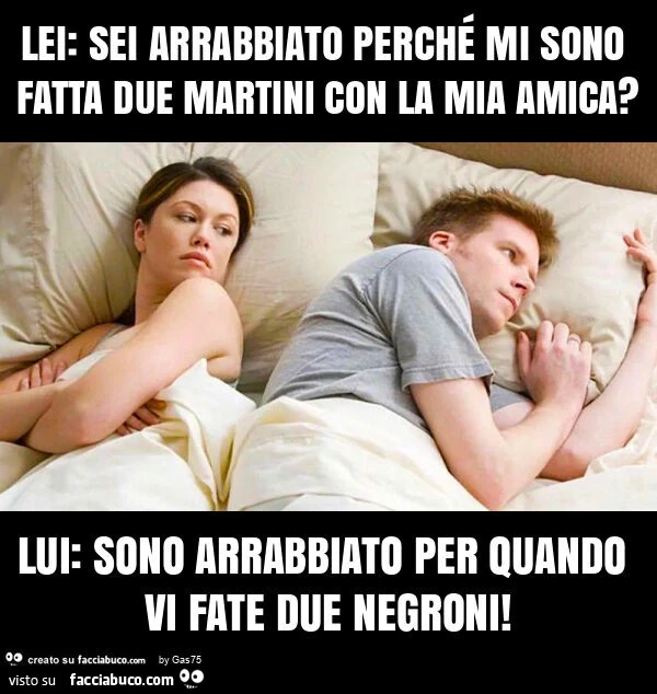 Lei: sei arrabbiato perchรฉ mi sono fatta due martini con la mia amica? Lui: sono arrabbiato per quando vi fate due negroni