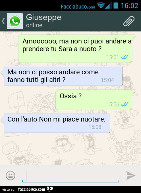 Amoooooo, ma non ci puoi andare a prendere tu Sara a nuoto? Ma non ci posso andare come fanno tutti gli altri? Ossia? Con l'auto. Non mi piace nuotare