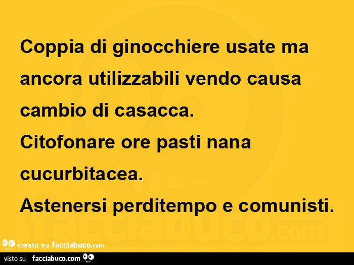 Coppia di ginocchiere usate ma ancora utilizzabili vendo causa cambio di casacca. Citofonare ore pasti nana cucurbitacea. Astenersi perditempo e comunisti