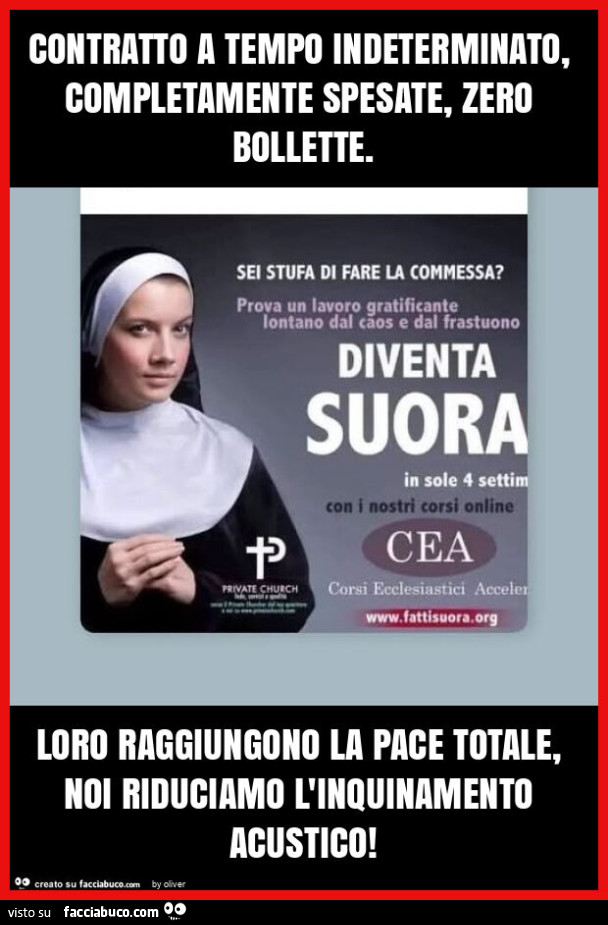 Contratto a tempo indeterminato, completamente spesate, zero bollette. Loro raggiungono la pace totale, noi riduciamo l'inquinamento acustico