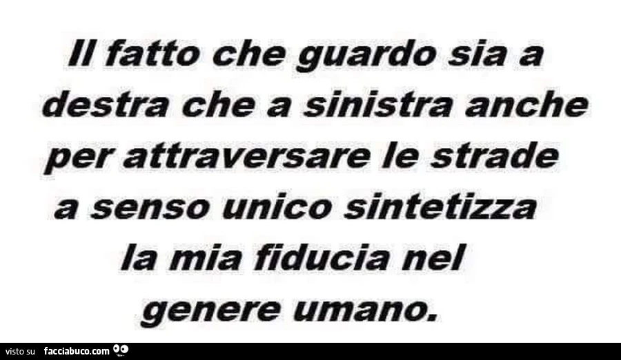 Il fatto che guardo sia a destra che a sinistra anche per attraversare le strade a senso unico sintetizza la mia fiducia nel genere umano