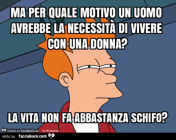 Ma per quale motivo un uomo avrebbe la necessità di vivere con una donna? La vita non fa abbastanza schifo?