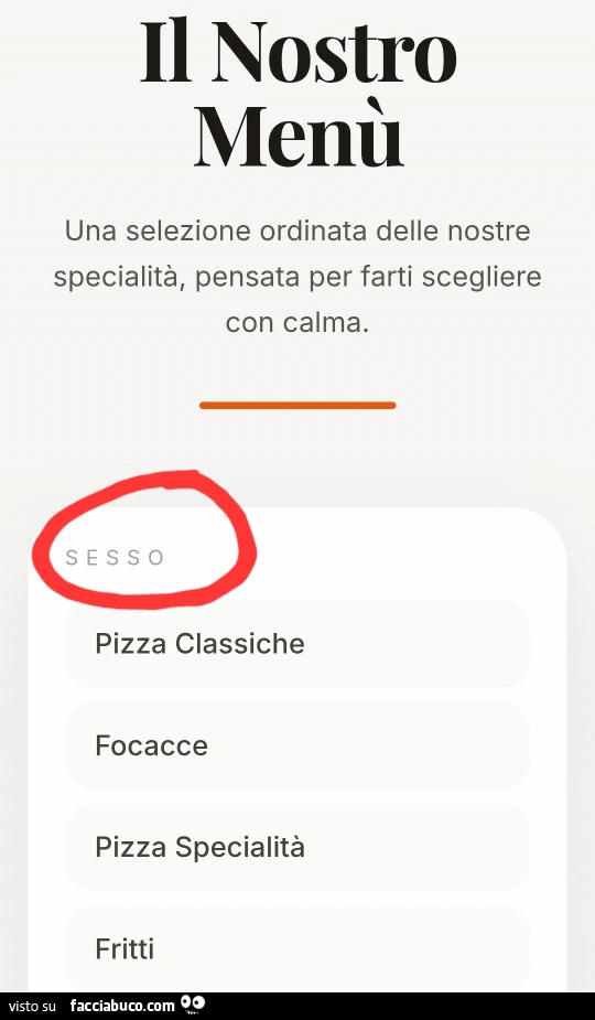 Il nostro menรน una selezione ordinata delle nostre specialitร , pensata per farti scegliere con calma. Sesso
