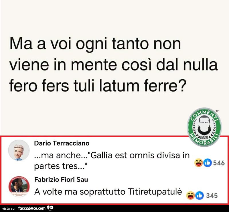 Ma a voi ogni tanto non viene in mente così dal nulla fero fers tuli latum ferre? Ma anche&hellip; gallia est omnis divisa in partes tres
