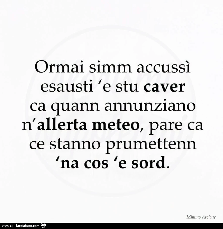 Ormai simm accussì esausti 'e stu caver ca quann annunziano n'allerta meteo, pare ca ce stanno prumettenn 'na cos 'e sord. Mimmo Ascione