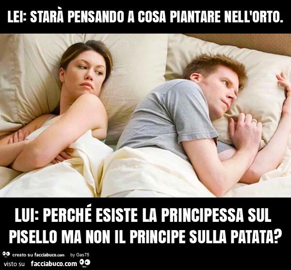 Lei: starà pensando a cosa piantare nell'orto. Lui: perché esiste la principessa sul pisello ma non il principe sulla patata?