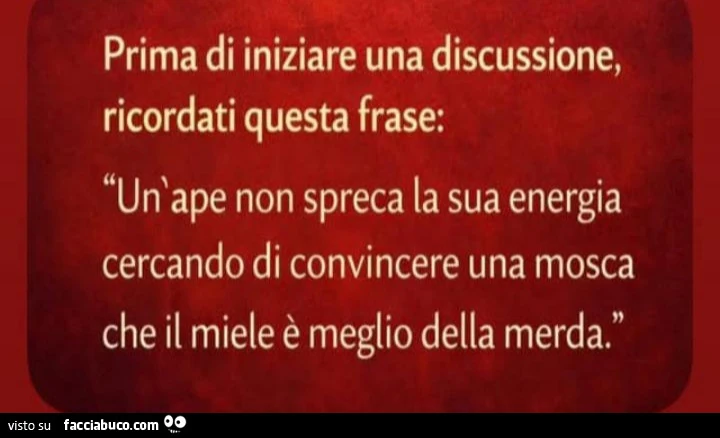 Prima di iniziare una discussione, ricordati questa frase: un'ape non spreca la sua energia cercando di convincere una mosca che il miele è meglio della merda