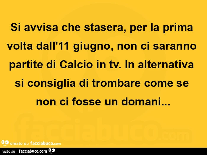 Si avvisa che stasera, per la prima volta dall'11 giugno, non ci saranno partite di calcio in tv. In alternativa si consiglia di trombare come se non ci fosse un domani