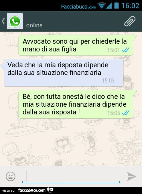 Avvocato sono qui per chiederle la mano di sua figlia. Veda che la mia risposta dipende dalla sua situazione finanziaria. Bè, con tutta onestà le dico che la mia situazione finanziaria dipende dalla sua risposta