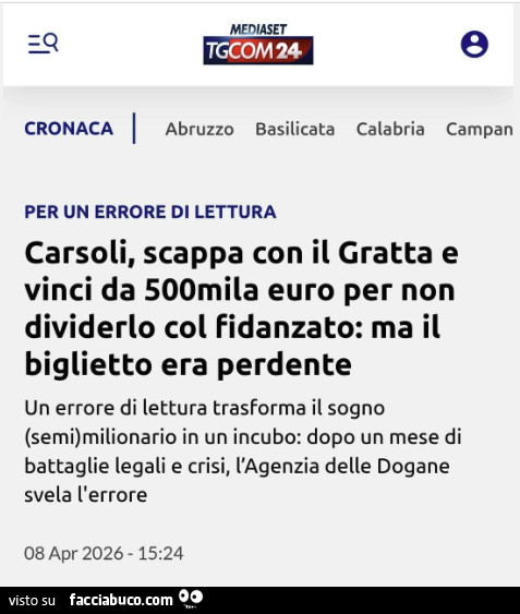 Carsoli, scappa con il gratta e vinci da 500mila euro per non dividerlo col fidanzato: ma il biglietto era perdente un errore di lettura