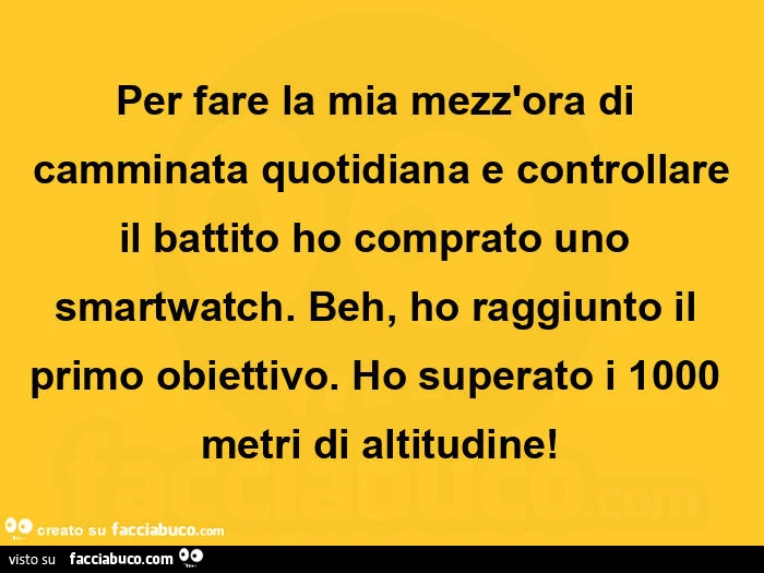 Per fare la mia mezz'ora di camminata quotidiana e controllare il battito ho comprato uno smartwatch. Beh, ho raggiunto il primo obiettivo. Ho superato i 1000 metri di altitudine