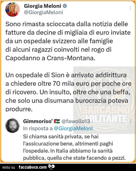 Giorgia Meloni: sono rimasta scioccata dalla notizia delle fatture da decine di migliaia di euro inviate da un ospedale svizzero alle famiglie di alcuni ragazzi coinvolti nel rogo di capodanno a cransmontana