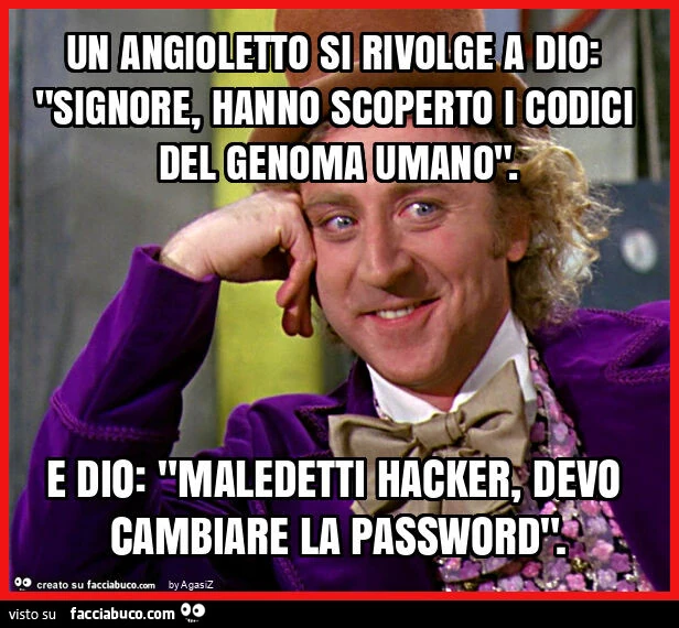 Un angioletto si rivolge a dio: "signore, hanno scoperto i codici del genoma umano". E dio: "maledetti hacker, devo cambiare la password"