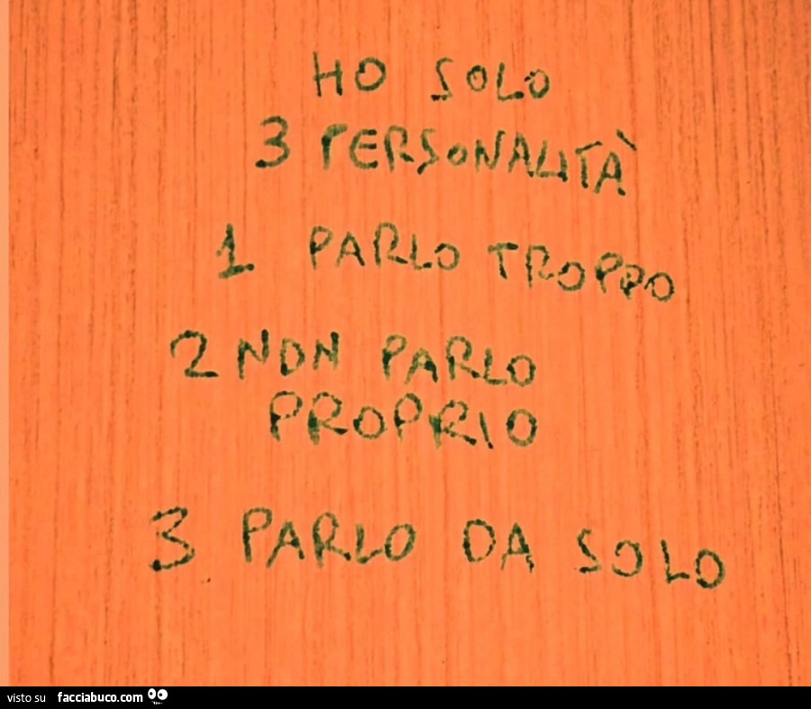 Ho solo 3 personalità. 1 parlo troppo, 2 non parlo proprio, 3 parlo da solo