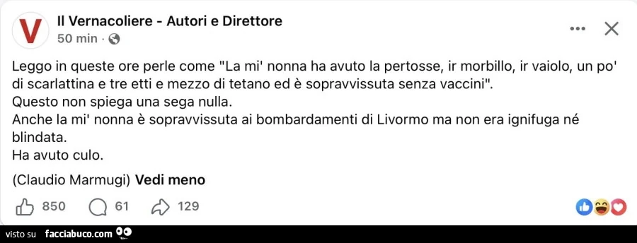 Leggo in queste ore perle come la mì nonna ha avuto la pertosse, ir morbillo, ir vaiolo, un po' di scarlattina e tre etti e mezzo di tetano ed è sopravvissuta senza vaccini