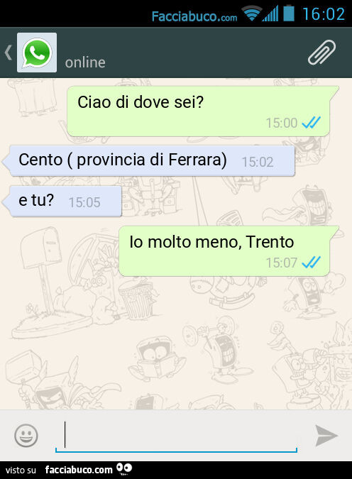 Ciao di dove sei? Cento ( provincia di Ferrara). E tu? Io molto meno, Trento