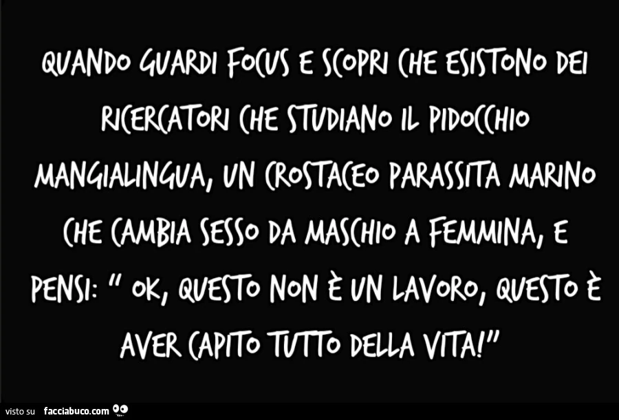 Quando guardi Focus e scopri che esistono dei ricercatori che studiano il pidocchio mangialingua, un crostaceo parassita marino che cambia sesso da maschio a femmina, e pensi: “ Ok, questo non è un lavoro, Questo è aver capito tutto della vita! "
