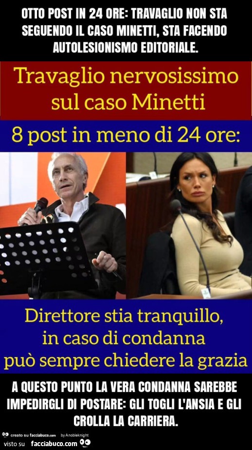 Otto post in 24 ore: travaglio non sta seguendo il caso minetti, sta facendo autolesionismo editoriale. A questo punto la vera condanna sarebbe impedirgli di postare: gli togli l'ansia e gli crolla la carriera