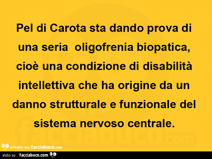 Pel di carota sta dando prova di una seria  oligofrenia biopatica, cioè una condizione di disabilità intellettiva che ha origine da un danno strutturale e funzionale del sistema nervoso centrale.  