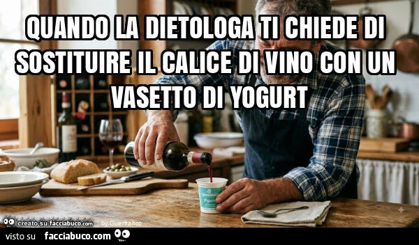 Quando la dietologa ti chiede di sostituire il calice di vino con un vasetto di yogurt
