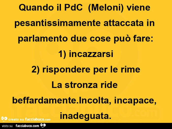 Quando il pdc  (meloni) viene pesantissimamente attaccata in parlamento due cose può fare: 1) incazzarsi 2) rispondere per le rime la stronza ride beffardamente. Incolta, incapace, inadeguata