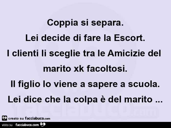 Coppia si separa. Lei decide di fare la escort. I clienti li sceglie tra le amicizie del marito xk facoltosi. Il figlio lo viene a sapere a scuola. Lei dice che la colpa è del marito