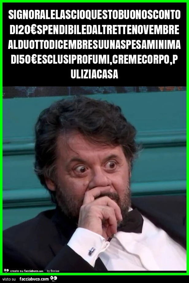 Signoralelascioquestobuonoscontodi20€spendibiledaltrettenovembrealduottodicembresuunaspesaminimadi50€esclusiprofumi, cremecorpo, puliziacasa