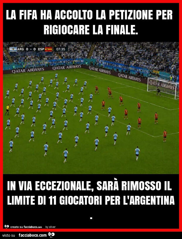 La fifa ha accolto la petizione per rigiocare la finale. In via eccezionale, sarà rimosso il limite di 11 giocatori per l'argentina